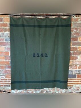 Vintage USMC Military Wool Camp Striped Blanket 66” x 80”